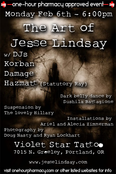 Mon 2/6 - Jesse Lindsay Art Show w/ DJ HazMatt & More @ Violet Star Tattoo